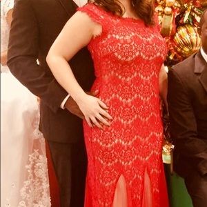 Bright red lace formal gown